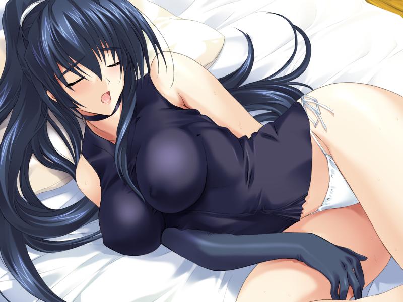 onigirikun, subaru (choukou sennin haruka), choukou (alicesoft), choukou sennin haruka, game cg, 00s, 1girl, bed, blue hair, blush, breasts, closed eyes, female focus, gloves, large breasts, lying, panties, pillow, side-tie panties, solo, underwear, white panties