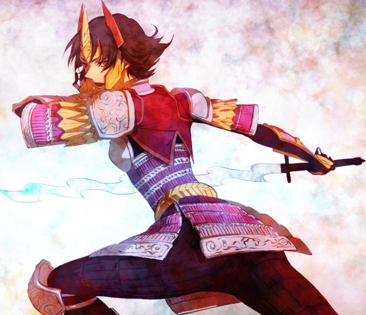 egawa satsuki, tachibana ginchiyo, sengoku musou, sengoku musou 2, 1girl, brown hair, collar, female focus, from side, helmet, holding, holding weapon, looking at viewer, pants, running, short hair, shoulder pads, solo, tomboy, vest, weapon