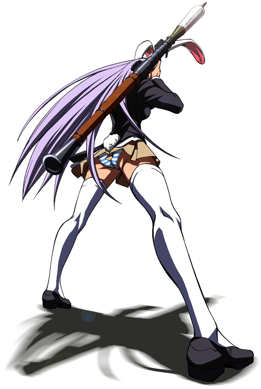imizu (nitro unknown), reisen udongein inaba, touhou, 1girl, animal ears, female focus, full body, high-explosive anti-tank (warhead), long hair, m1 bazooka, man-portable anti-tank systems, panties, pantyshot, purple hair, rabbit ears, rocket-propelled grenade, rocket (projectile), rocket launcher, rpg, rpg-7, rpg (weapon), skirt, solo, striped clothes, striped panties, thighhighs, underwear, upskirt, weapon, white background