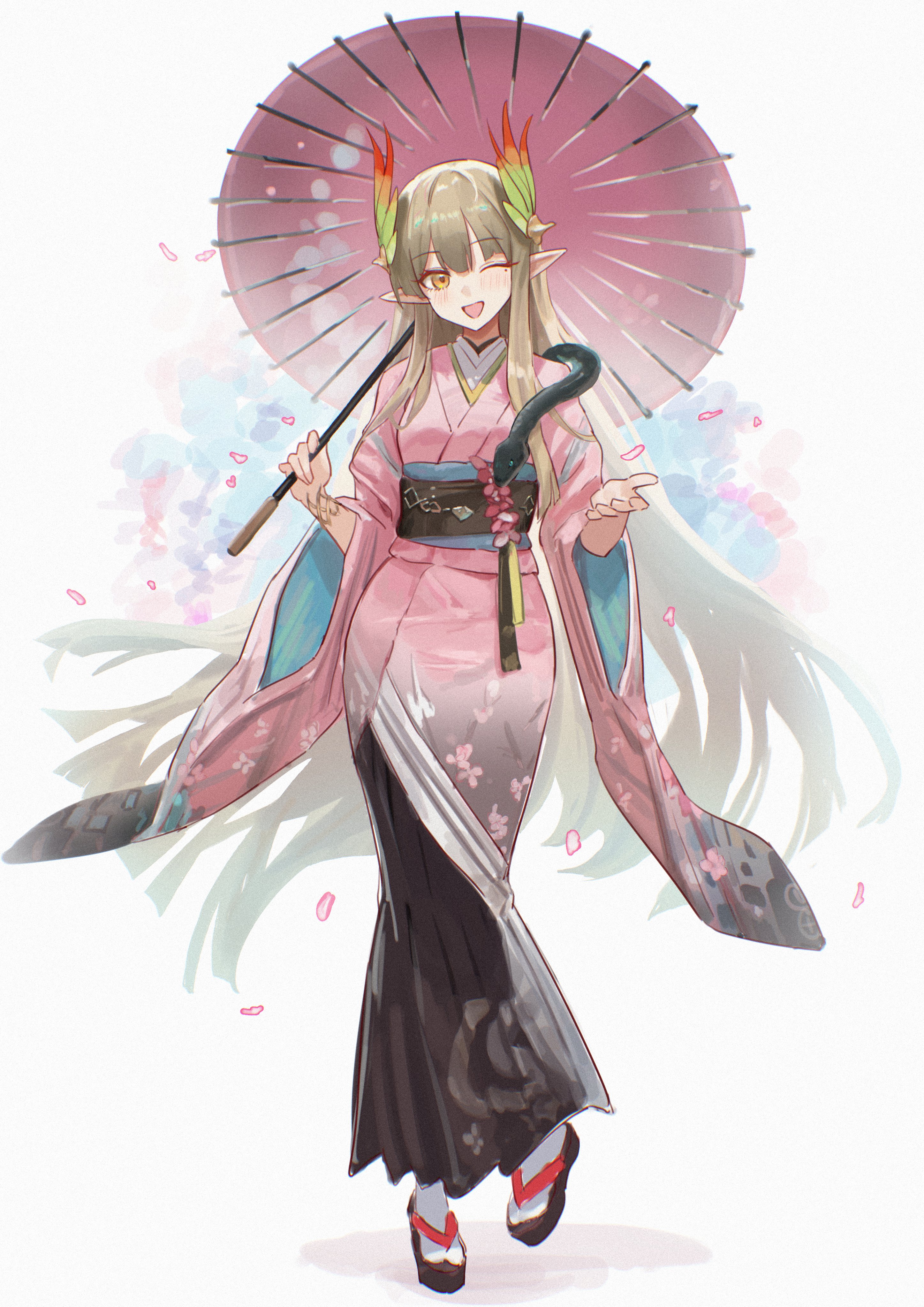 uof, muelsyse (arknights), arknights, absurdres, commentary, english commentary, highres, 1girl, ;d, animal, blush, brown hair, brown sash, cherry blossoms, elf, flower, full body, grey hair, holding, holding umbrella, japanese clothes, kimono, long hair, looking at viewer, mole, mole under eye, obi, oil-paper umbrella, okobo, one eye closed, open mouth, petals, pink flower, pink kimono, platform sandals, pointy ears, sandals, sash, smile, snake, socks, solo, standing, tabi, umbrella, very long hair, white socks, wide sleeves, yellow eyes