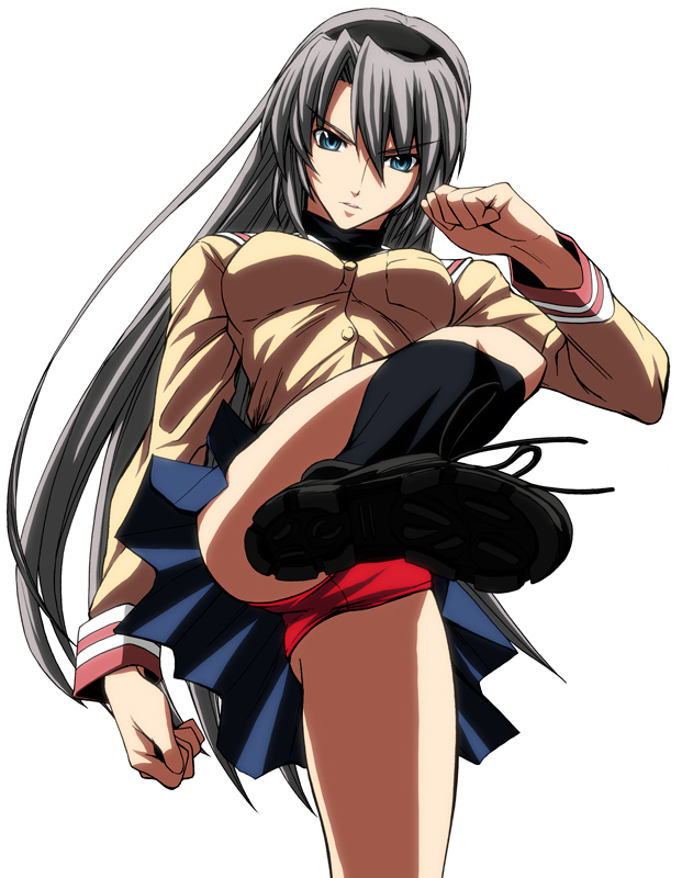 imizu (nitro unknown), sakagami tomoyo, clannad, silver hair, 00s, 1girl, blue eyes, breasts, buruma, female focus, hairband, kicking, long hair, long sleeves, panties, pantyshot, red panties, school uniform, serafuku, simple background, skirt, solo, underwear