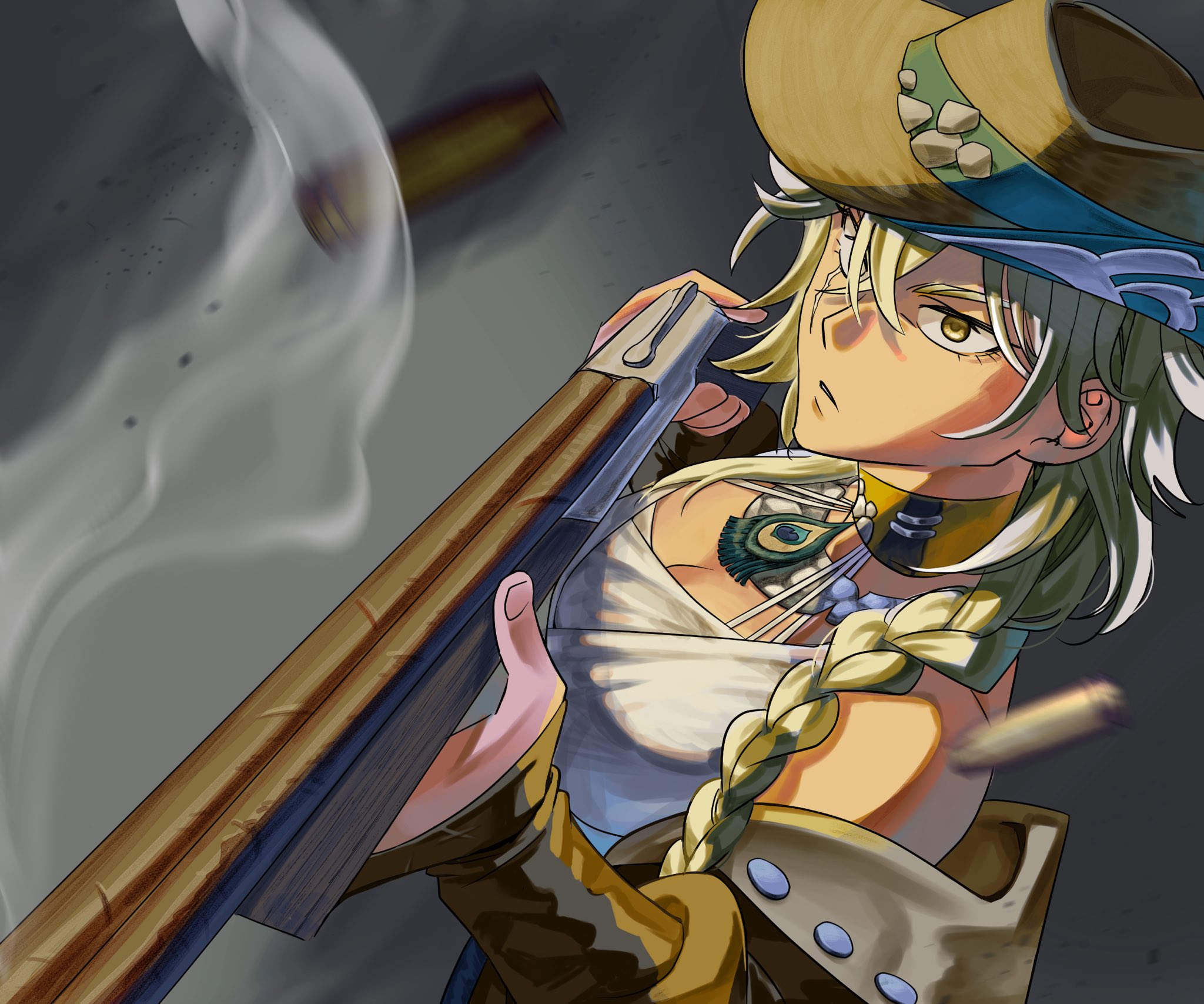 argus (reverse:1999), reverse:1999, highres, 1girl, bare shoulders, blonde hair, breasts, brown choker, brown hat, brown sleeves, casing ejection, choker, cleavage, detached sleeves, from above, galgu, grey background, gun, hat, holding, holding gun, holding weapon, long braid, looking at viewer, parted lips, peacock feathers, rifle, scar, scar across eye, scar on face, shell casing, smoke, solo, tank top, upper body, v-shaped eyebrows, weapon, white tank top, yellow eyes