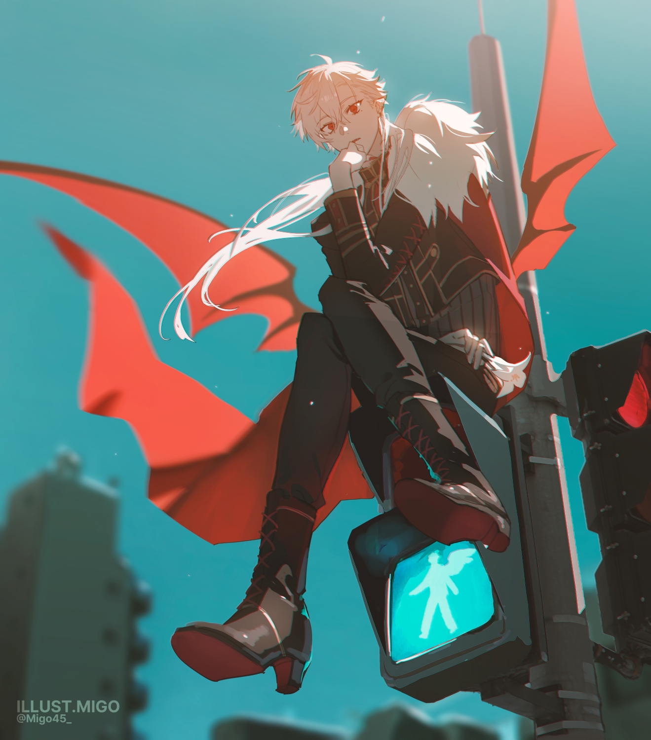 migo45, kuzuha (2nd costume) (nijisanji), kuzuha (nijisanji), nijisanji, highres, 1boy, ankle socks, black boots, black pants, blurry, blurry background, boots, cape, crossed legs, day, demon boy, demon wings, depth of field, fur-trimmed cape, fur trim, grey hair, high heel boots, high heels, long hair, looking at viewer, male focus, official alternate costume, pants, red cape, red eyes, sitting, sky, socks, solo, virtual youtuber, wings
