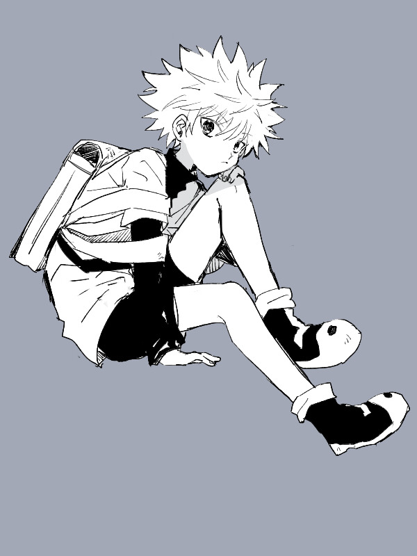 smcms-m, killua zoldyck, hunter x hunter, 1boy, backpack, bag, closed mouth, full body, grey background, hand on own knee, knee up, layered sleeves, long sleeves, looking at viewer, male focus, shirt, shoes, short hair, short over long sleeves, short sleeves, shorts, simple background, solo, turtleneck
