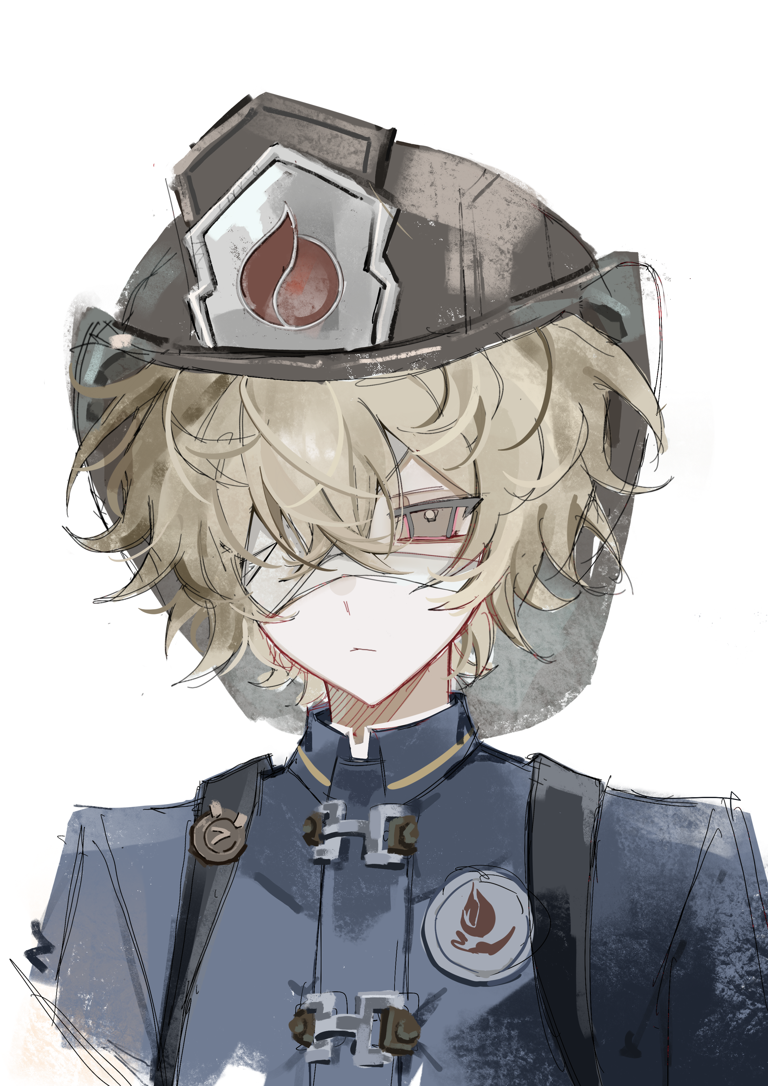 florian brand, identity v, absurdres, highres, 1boy, 25760458, backpack, bag, bandage over one eye, bandaged head, bandages, blonde hair, firefighter helmet, frown, male focus, wavy hair, yellow eyes