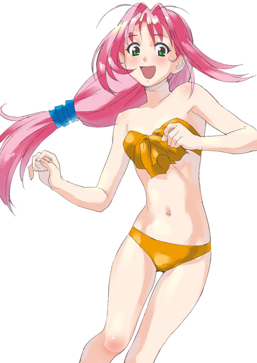 choobackers32, choobackers32 (pixiv200837), mylene jenius, macross, macross 7, 1990s (style), 1girl, bikini, female focus, green eyes, long hair, low-tied long hair, pink hair, retro artstyle, smile, solo, swimsuit, white background