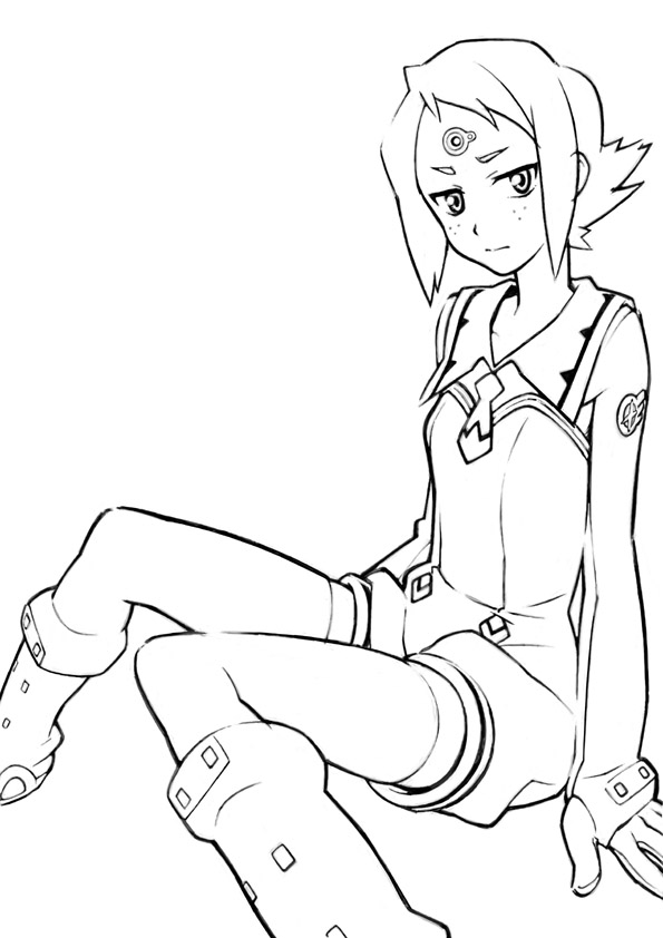 choobackers32, choobackers32 (pixiv200837), lal'c mellk mal, top wo nerae! (series), top wo nerae 2!, bad id, bad pixiv id, 00s, 1girl, female focus, freckles, greyscale, monochrome, outline, romper, short hair, sidelocks, sitting, solo, thumb hole