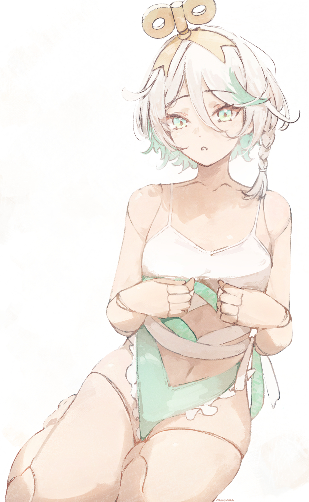 malvar, cecilia immergreen, cecilia immergreen (holonatsu paradise), hololive, hololive english, highres, 1girl, bikini, braid, colored inner hair, doll joints, green bikini, green eyes, green hair, hair between eyes, joints, looking at viewer, medium hair, multicolored hair, navel, parted lips, simple background, solo, swimsuit, two-tone swimsuit, virtual youtuber, white background, white bikini, white hair, winding key