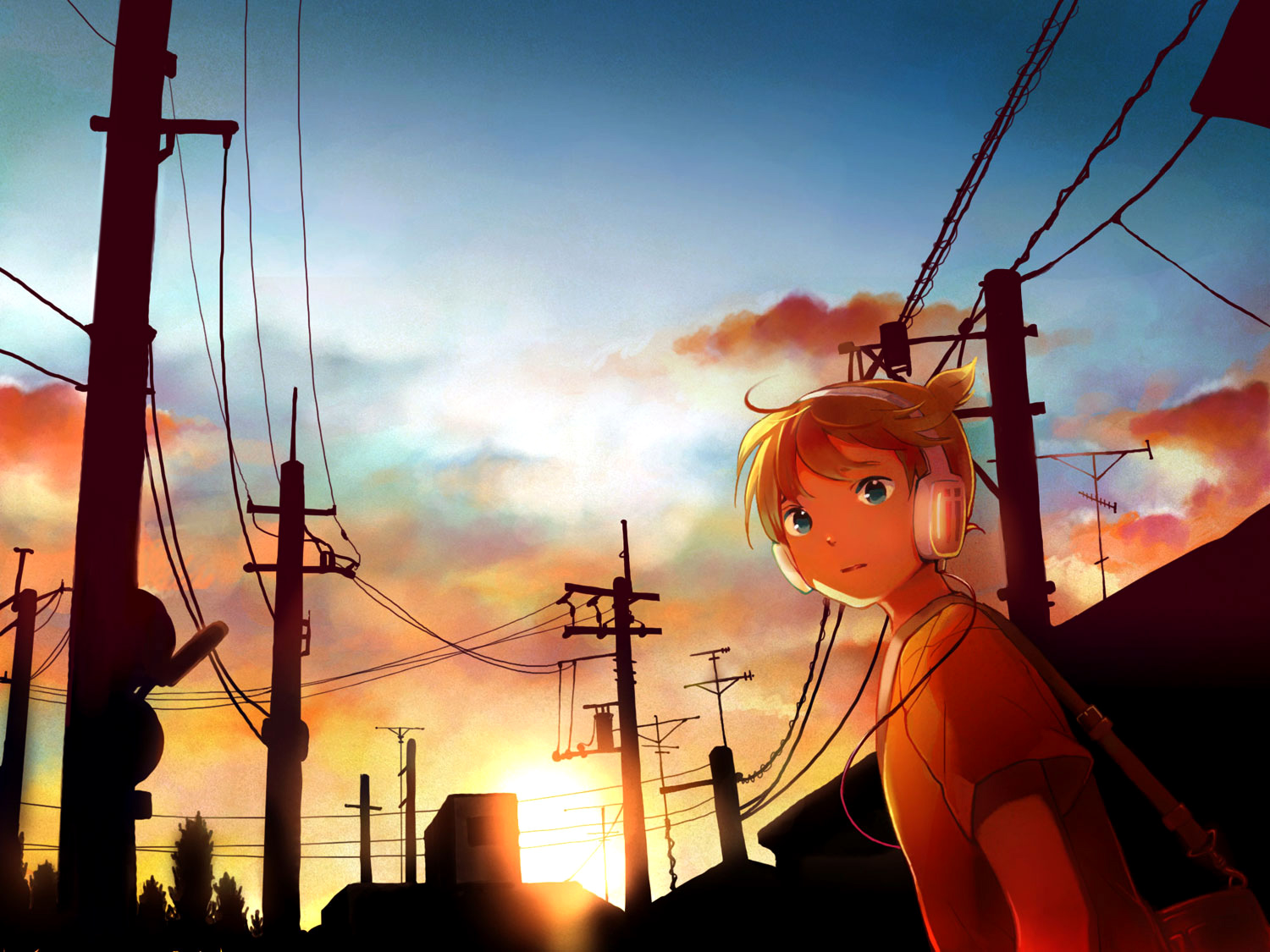 wakana (nagomoo), kagamine len, fire flower (vocaloid), vocaloid, bad id, bad pixiv id, 1boy, bag, blonde hair, blue eyes, headphones, male focus, power lines, solo, sunset