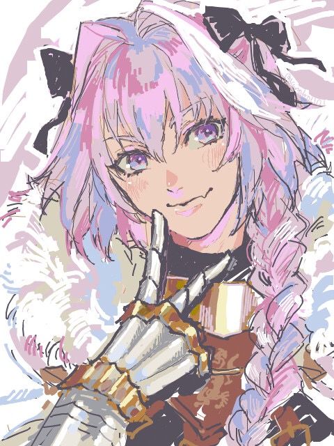 astolfo (fate), fate/apocrypha, fate (series), street fighter, archived source, 1boy, androgynous, blush, bow, braid, cape, eyelashes, fang, fur-trimmed cape, fur trim, gauntlets, gorget, hair bow, kunodro1101, long hair, male focus, pink hair, purple eyes, single braid, skin fang, smile, solo, upper body, weapon