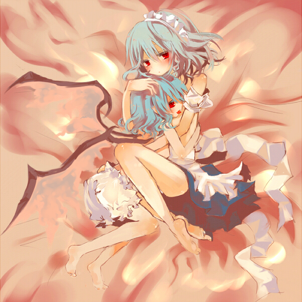 sakusakumonoka, izayoi sakuya, remilia scarlet, touhou, silver hair, bad id, bad pixiv id, 2girls, barefoot, bed, bloomers, blue hair, female focus, maid, multiple girls, short hair, underwear, wings, yuri