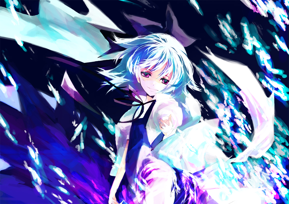 9ji, 9ji (8giri), cirno, embodiment of scarlet devil, touhou, 1girl, blue hair, dress, female focus, ribbon, short hair, solo