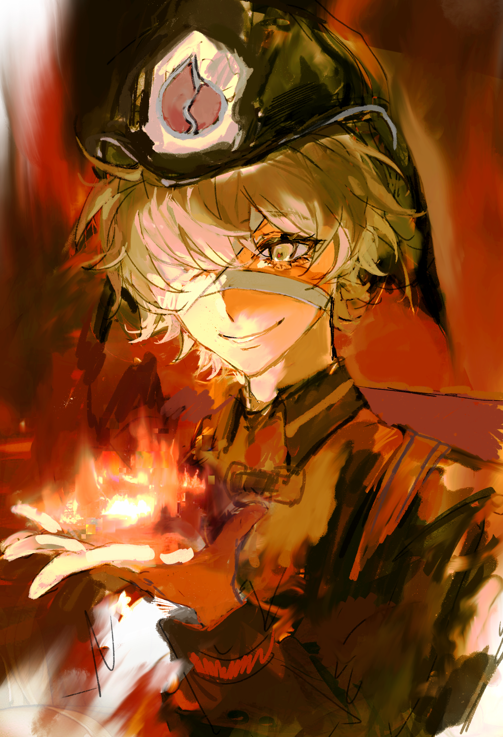 florian brand, identity v, absurdres, highres, 1boy, bandaged head, bandages, bandages over eyes, blonde hair, dark background, eyebrows hidden by hair, fire, firefighter helmet, looking down, male focus, misery798, smile, solo, yellow eyes