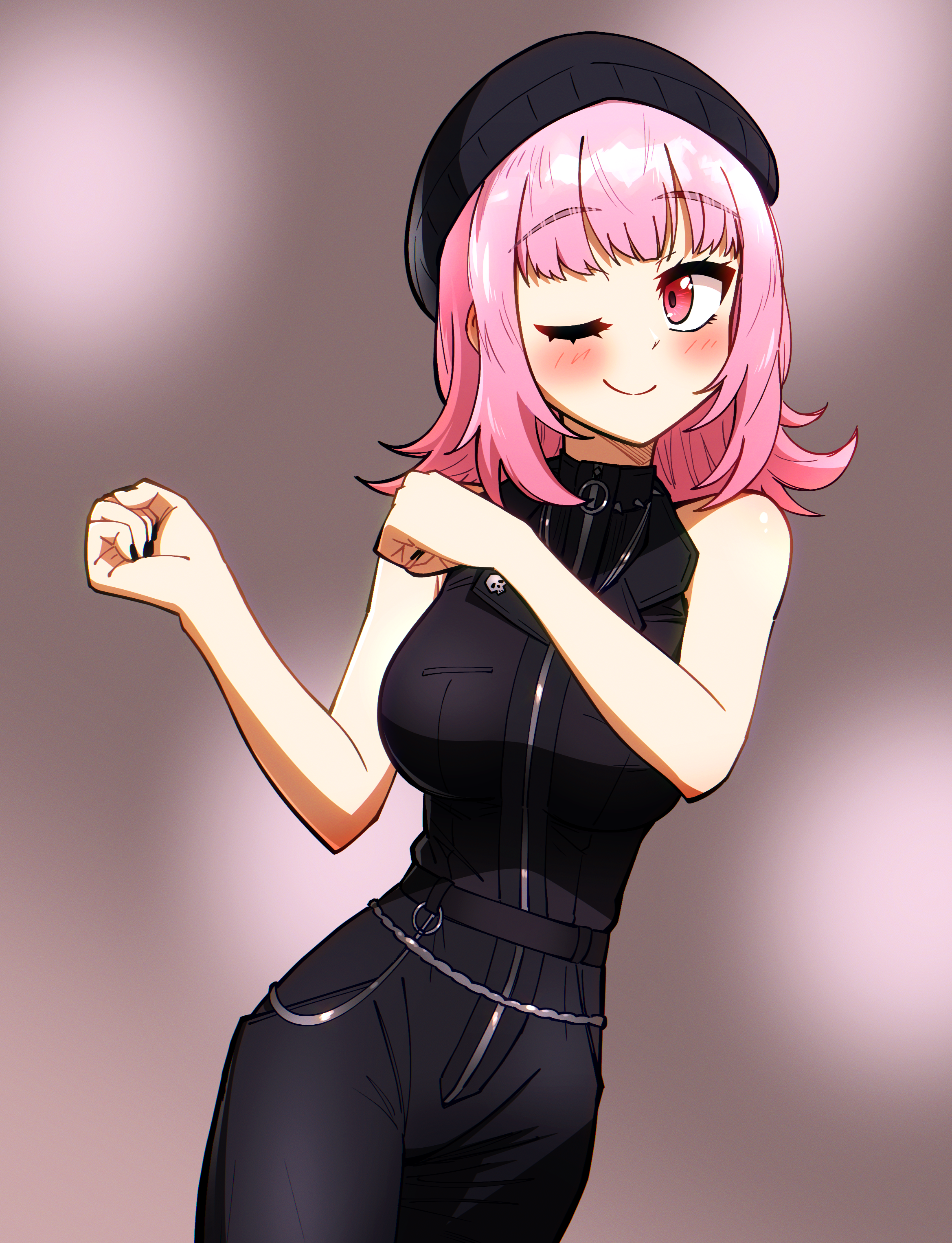 ddolbang, mori calliope, mori calliope (the story thus far), hololive, hololive english, absurdres, highres, 1girl, ;), beanie, black hat, black jumpsuit, black nails, hands up, hat, jumpsuit, light blush, medium hair, official alternate costume, official alternate hairstyle, one eye closed, pink eyes, pink hair, sleeveless jumpsuit, smile, solo, virtual youtuber