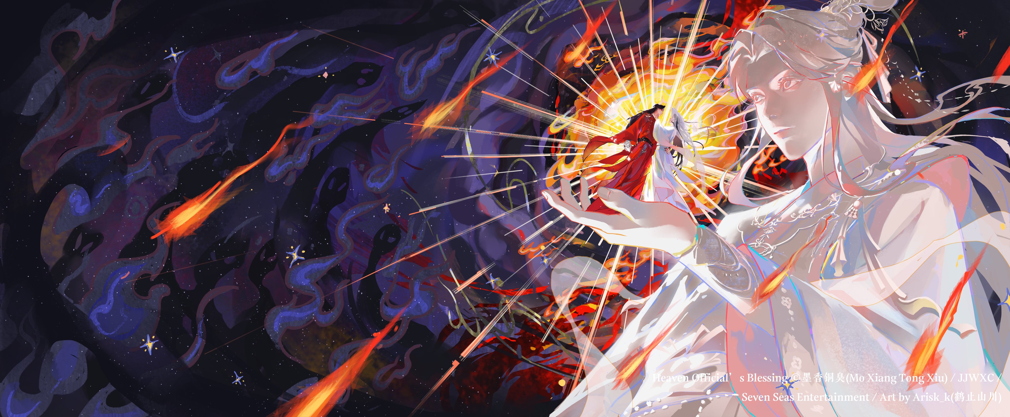 hua cheng, xie lian, xie lian (flower crowned martial god), tianguan cifu, absurdres, highres, official art, 2boys, bracer, chinese clothes, fire, hair bun, hanfu, hat, hezhishanchuan, light rays, male focus, multiple boys, ornate clothes, outstretched hand, parted bangs, parted lips, purple background, red hanfu, ribboned xiao guan, rice hat, standing, star (sky), statue, veil, white hanfu, white veil, xiao guan (headdress)