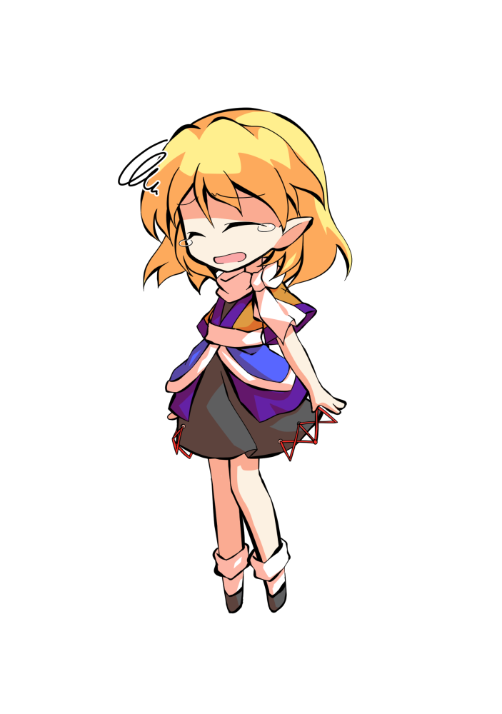 dairi, mizuhashi parsee, touhou, commentary request, large variant set, variant set, 1girl, black shoes, black skirt, blonde hair, brown shirt, chibi, chibi only, full body, hair between eyes, medium hair, pointy ears, scarf, shirt, shoes, skirt, socks, solo, tachi-e, transparent background, white scarf, white socks