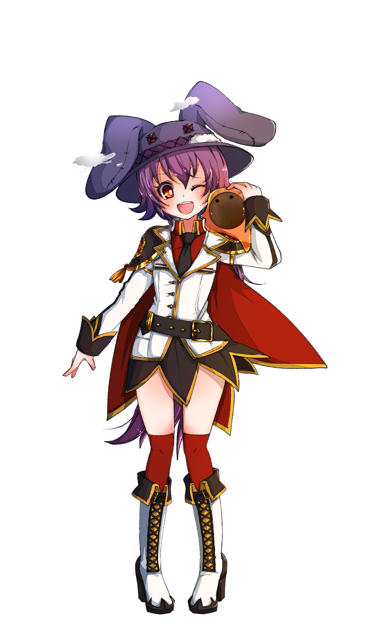 asuta (kinakomoti300), genetic (ragnarok online), vanilmirth (ragnarok online), ragnarok online, commentary request, highres, 1girl, :d, animal hat, belt, black belt, black necktie, black skirt, blazer, blush, boots, cape, collared shirt, full body, hat, high heel boots, high heels, jacket, lace-up boots, looking at viewer, miniskirt, necktie, official alternate costume, one eye closed, open mouth, orange eyes, purple hair, rabbit hat, red cape, red shirt, red thighhighs, shirt, short hair, simple background, skirt, slime (creature), smile, solo, standing, thighhighs, white background, white boots, white jacket