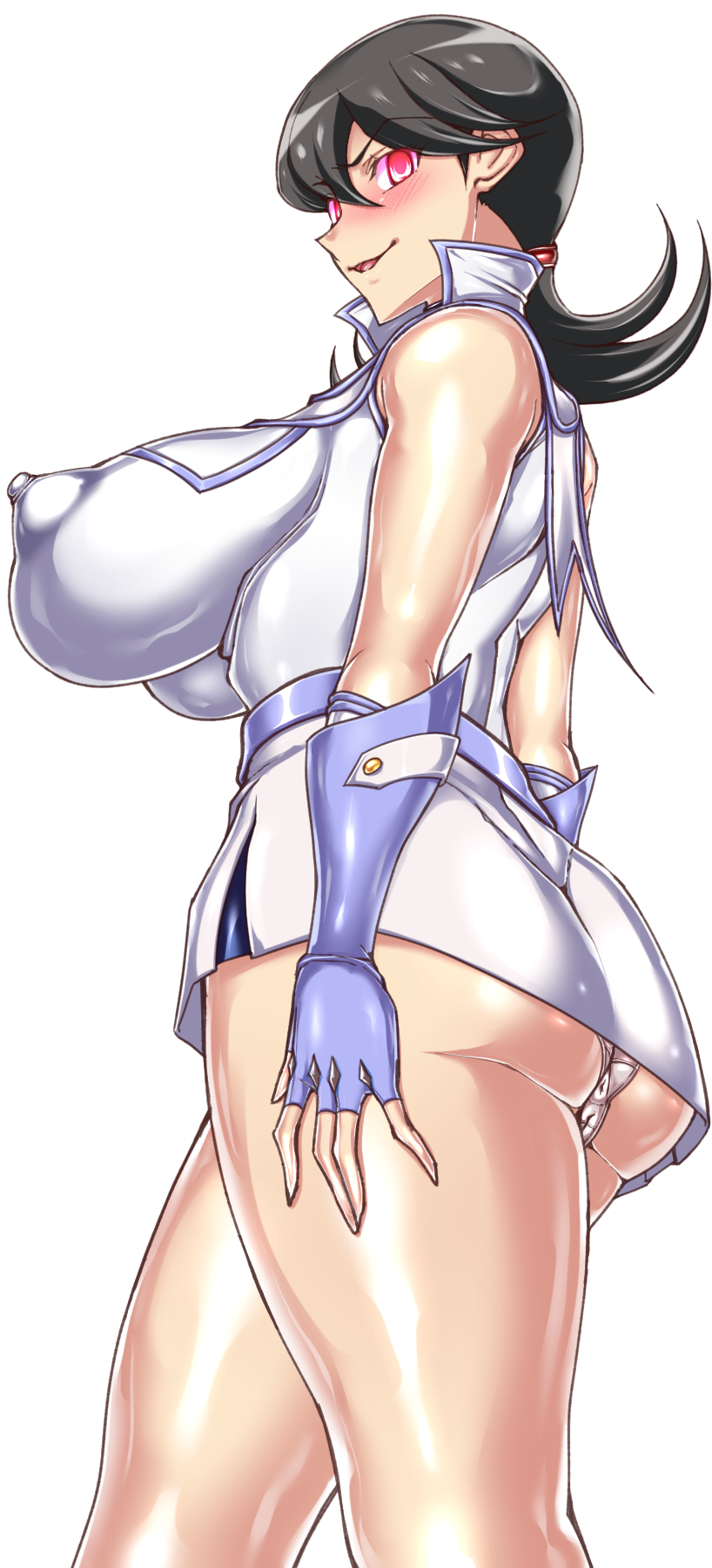 hajime shindo, hamaguchi momoe, yu-gi-oh!, yu-gi-oh! gx, yuu-gi-ou, yuu-gi-ou gx, highres, 1girl, alternate breast size (larger), anus, anus peek, ass, black hair, blush, breasts, cameltoe, corruption, curvy, duel academy uniform (yu-gi-oh! gx), female focus, fingerless gloves, gloves, glowing, glowing eyes, huge ass, large breasts, looking at viewer, medium hair, mind control, miniskirt, nipples, open mouth, partially visible vulva, shiny skin, skirt, society of light, solo, standing, sweat, thighhighs, underwear, yellow eyes