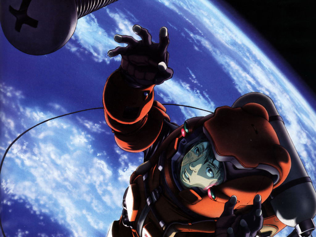 hoshino hachirouta, planetes, 1boy, astronaut, cloud, earth (planet), hachimaki, headband, male focus, planet, screw, solo, space