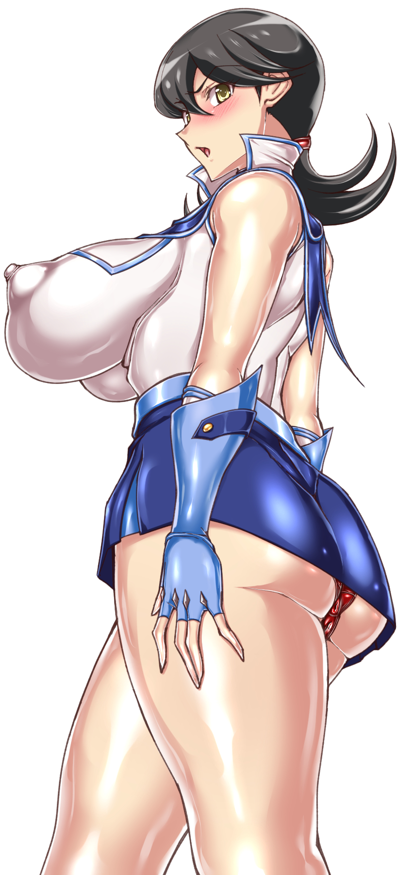 hajime shindo, hamaguchi momoe, yu-gi-oh!, yu-gi-oh! gx, yuu-gi-ou, yuu-gi-ou gx, highres, 1girl, alternate breast size (larger), anus, anus peek, ass, black hair, blush, boots, breasts, cameltoe, curvy, duel academy uniform (yu-gi-oh! gx), female focus, fingerless gloves, gloves, huge ass, large breasts, looking at viewer, medium hair, miniskirt, nipples, obelisk blue uniform, open mouth, partially visible vulva, shiny skin, skirt, solo, standing, sweat, thigh boots, thighhighs, underwear, yellow eyes