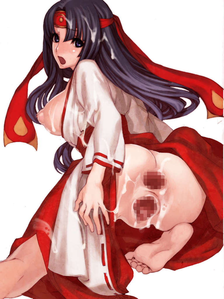 azuma toh, musha miko tomoe, tomoe (queen's blade), queen's blade, 00s, 1girl, anal, anus, ass, barefoot, black hair, blue eyes, blush, breasts, censored, cum, cum on body, cum on breasts, cum on hair, cum on upper body, double penetration, facial, feet, female focus, gaping, headband, japanese clothes, long hair, looking back, multiple penetration, nipples, puffy nipples, pussy, soles, solo, spread anus, spread pussy, toes, vaginal