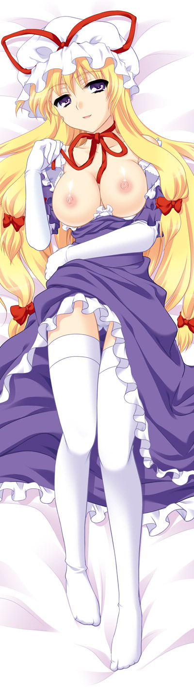 katagiri chisato, yakumo yukari, touhou, highres, long image, tall image, 1girl, blonde hair, breasts, breasts out, dakimakura (medium), female focus, full body, hat, large breasts, long hair, nipples, panties, ribbon, solo, thighhighs, underwear, white panties