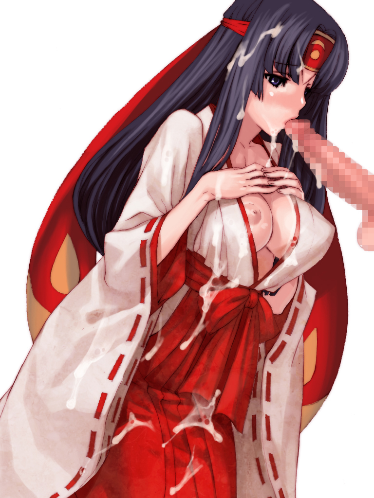 azuma toh, musha miko tomoe, tomoe (queen's blade), queen's blade, 00s, 1girl, black hair, blue eyes, blush, breasts, bubble, censored, cum, cum in mouth, cum on body, cum on breasts, cum on clothes, cum on hair, cum on upper body, facial, fellatio, hakama, hakama skirt, headband, japanese clothes, kissing penis, long hair, miko, nipple slip, nipples, oral, penis, ribbon-trimmed sleeves, ribbon trim, skirt, solo focus