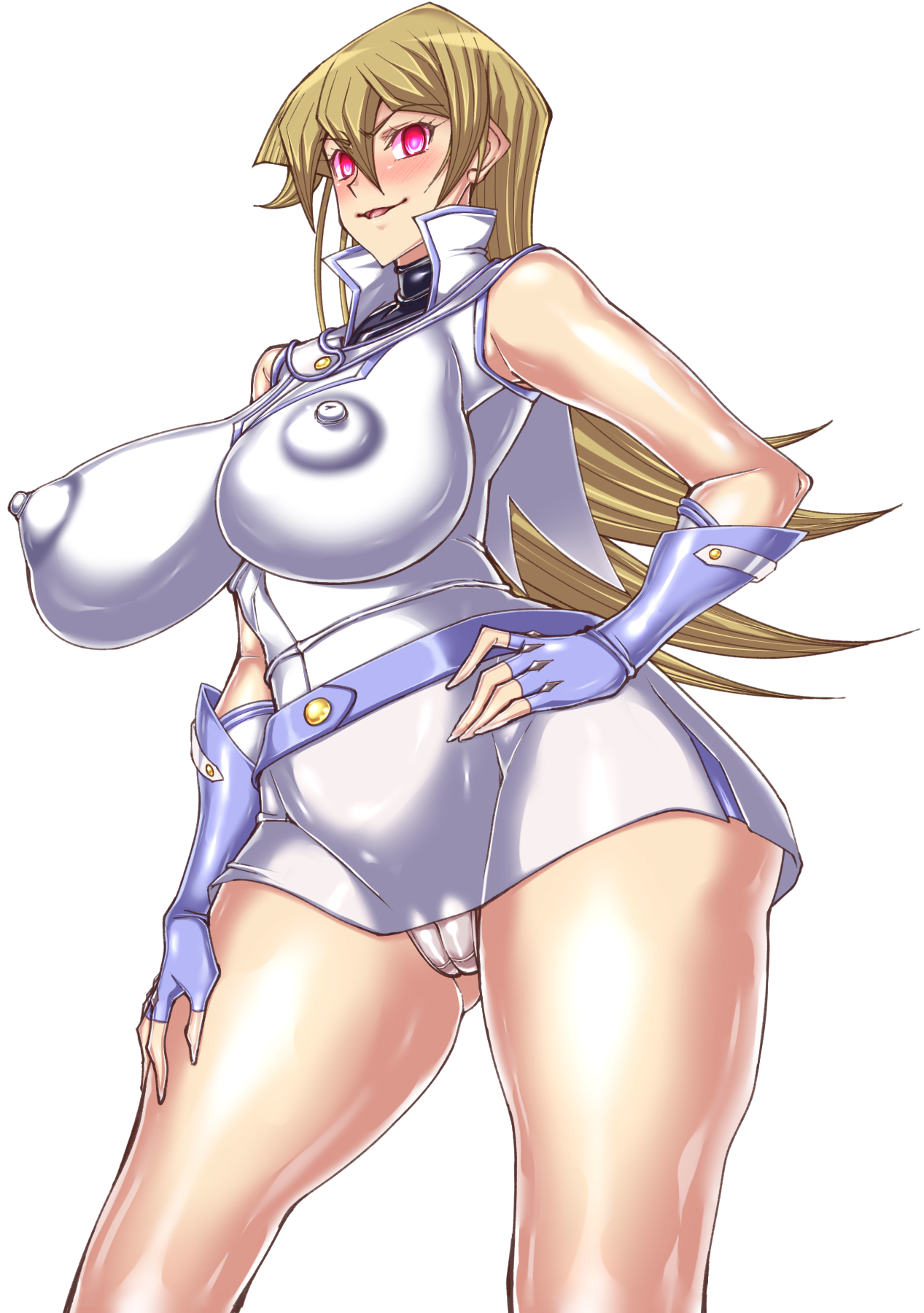 hajime shindo, tenjouin asuka, yu-gi-oh!, yu-gi-oh! gx, yuu-gi-ou, yuu-gi-ou gx, highres, 1girl, alternate breast size (larger), alternate color, alternate costume, blonde hair, blush, boots, breasts, cameltoe, corruption, curvy, duel academy uniform (yu-gi-oh! gx), female focus, fingerless gloves, gloves, glowing, glowing eyes, hand on own hip, large breasts, looking at viewer, mind control, miniskirt, nipples, partially visible vulva, purple eyes, shiny skin, skirt, smile, society of light, solo, standing, sweat, thigh boots, thighhighs, underwear