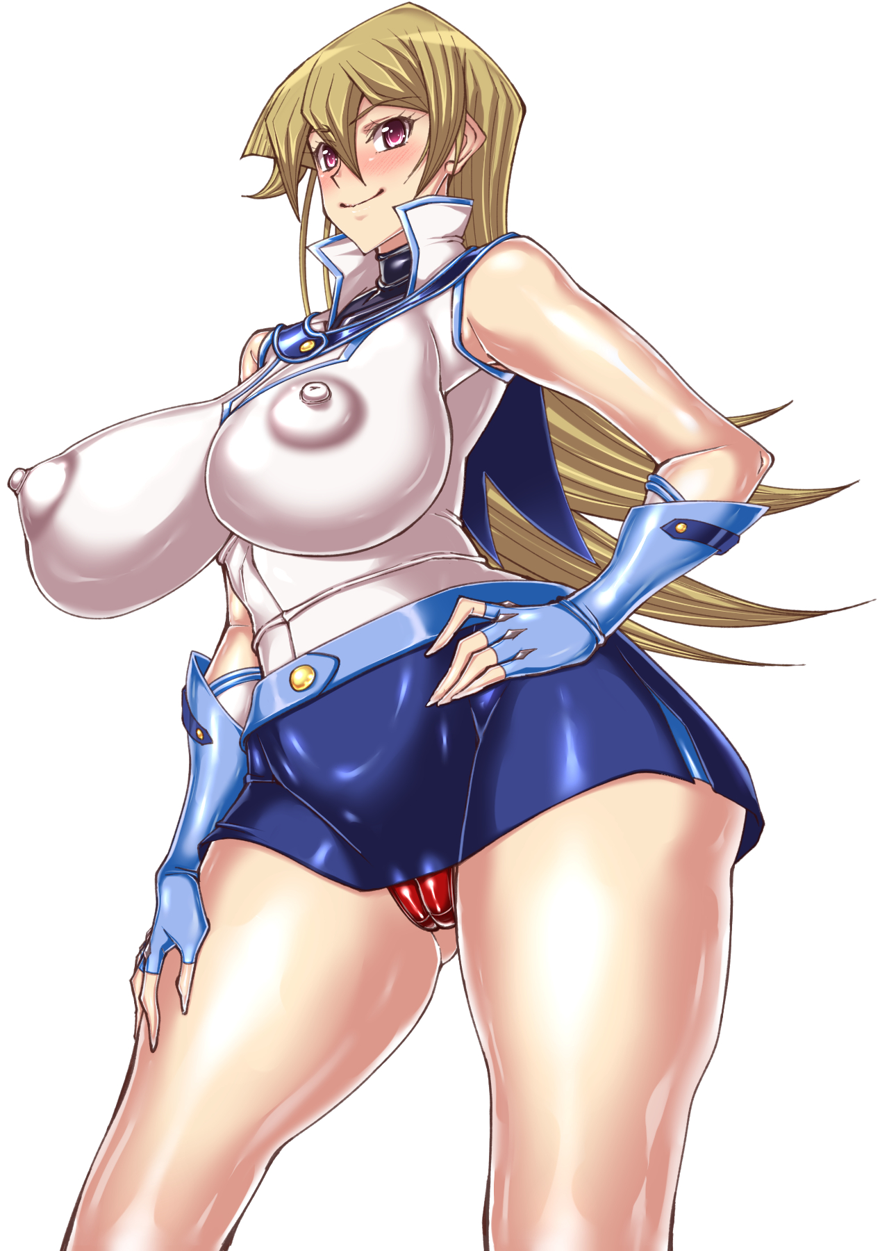 hajime shindo, tenjouin asuka, yu-gi-oh!, yu-gi-oh! gx, yuu-gi-ou, yuu-gi-ou gx, highres, 1girl, alternate breast size (larger), blonde hair, blush, breasts, cameltoe, curvy, duel academy uniform (yu-gi-oh! gx), female focus, fingerless gloves, gloves, hand on own hip, large breasts, looking at viewer, miniskirt, nipples, obelisk blue uniform, partially visible vulva, purple eyes, shiny skin, skirt, smile, solo, standing, sweat, thighhighs, underwear