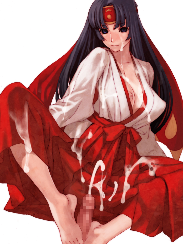 azuma toh, musha miko tomoe, tomoe (queen's blade), queen's blade, 00s, 1girl, barefoot, black eyes, black hair, blush, breasts, censored, cum, cum on body, cum on breasts, cum on clothes, cum on hair, cum on upper body, facial, feet, footjob, hakama, hakama skirt, headband, japanese clothes, large breasts, long hair, miko, mosaic censoring, nipple slip, nipples, penis, puffy nipples, red hakama, skirt, solo focus, spread legs