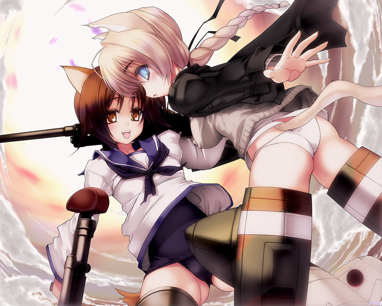 coffee cat, lynette bishop, miyafuji yoshika, strike witches, world witches series, 00s, 2girls, animal ears, blonde hair, blue eyes, braid, brown eyes, brown hair, cat ears, cat tail, gun, long hair, multiple girls, no pants, one-piece swimsuit, panties, school swimsuit, school uniform, serafuku, short hair, single braid, striker unit, swimsuit, swimsuit under clothes, tail, underwear, weapon, white panties