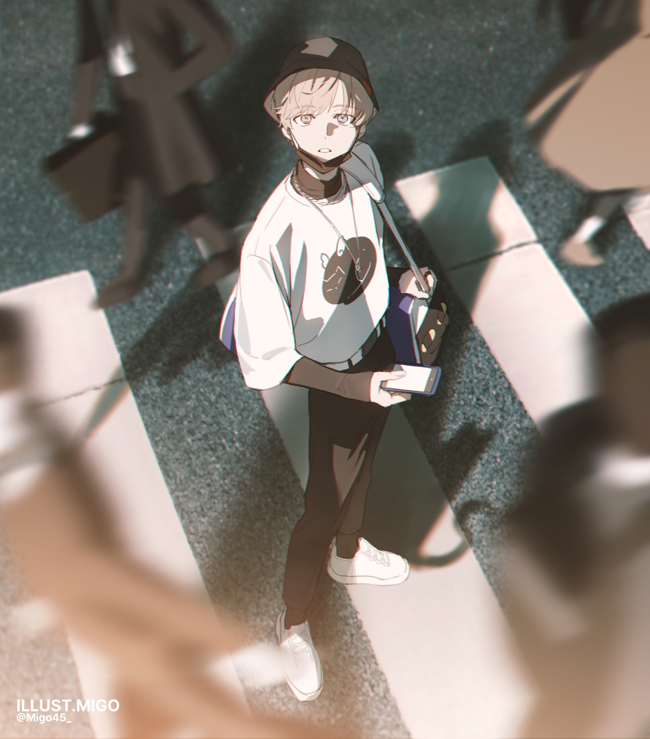 migo45, kanae (15th costume) (nijisanji), kanae (nijisanji), nijisanji, highres, 1boy, 4others, bag, black hat, black pants, black shirt, blurry, brown hair, cellphone, depth of field, hat, holding, holding phone, jewelry, layered sleeves, long sleeves, looking at viewer, male focus, mask, mask pull, mouth mask, multiple others, necklace, official alternate costume, outdoors, pants, phone, print shirt, shadow, shirt, shoes, short hair, short over long sleeves, short sleeves, shoulder bag, smartphone, sneakers, solo focus, turtleneck, undershirt, virtual youtuber, white shirt