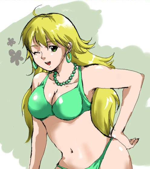 mama (mama hiro), mamashi, hoshii miki, idolmaster, idolmaster (classic), idolmaster 1, bad id, bad pixiv id, 00s, 1girl, ahoge, bikini, blonde hair, breasts, cleavage, earrings, female focus, green bikini, green eyes, jewelry, large breasts, long hair, navel, necklace, one eye closed, solo, swimsuit