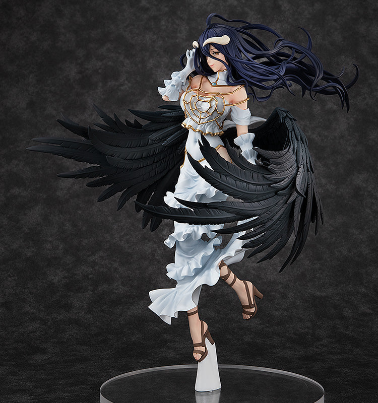 albedo (overlord), overlord (maruyama), white gown, photo (medium), 1girl, ahoge, angel wings, arm at side, bare arms, bare hips, bare shoulders, black background, black feathers, black hair, black wings, breasts, cleavage, closed mouth, clothes lift, clothing cutout, collar, curled horns, curvy, demon girl, demon horns, demon wings, detached collar, double-parted bangs, dress, dress lift, feathered wings, feathers, figure (medium), floating hair, frilled dress, frills, full body, gem, gloves, gold necklace, gold trim, green gemstone, hair between eyes, hair floating upwards, hair lift, hand in own hair, hand up, head tilt, high collar, high heels, hip vent, horns, jewelry, large breasts, layered dress, long bangs, long dress, long hair, long hair between eyes, long horns, long sidelocks, looking at viewer, low horns, low wings, mature female, necklace, no ears, nose, off-shoulder dress, off shoulder, pale skin, pink lips, raised eyebrows, sideboob, sidelocks, simple background, sleeveless, sleeveless dress, slit pupils, smile, solo, spider web necklace, standing, straight hair, tall female, thick thighs, thighs, very long hair, white background, white collar, white dress, white gloves, white horns, wings, yellow eyes