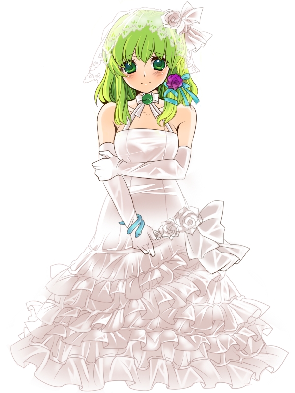 n-mix, kochiya sanae, touhou, bad id, bad pixiv id, 1girl, a line gown, blush, bridal veil, bride, dress, elbow gloves, female focus, flower, gloves, gown, green eyes, green hair, hair ribbon, looking at viewer, matching hair/eyes, ribbon, smile, solo, veil, wedding dress, white dress, white gloves