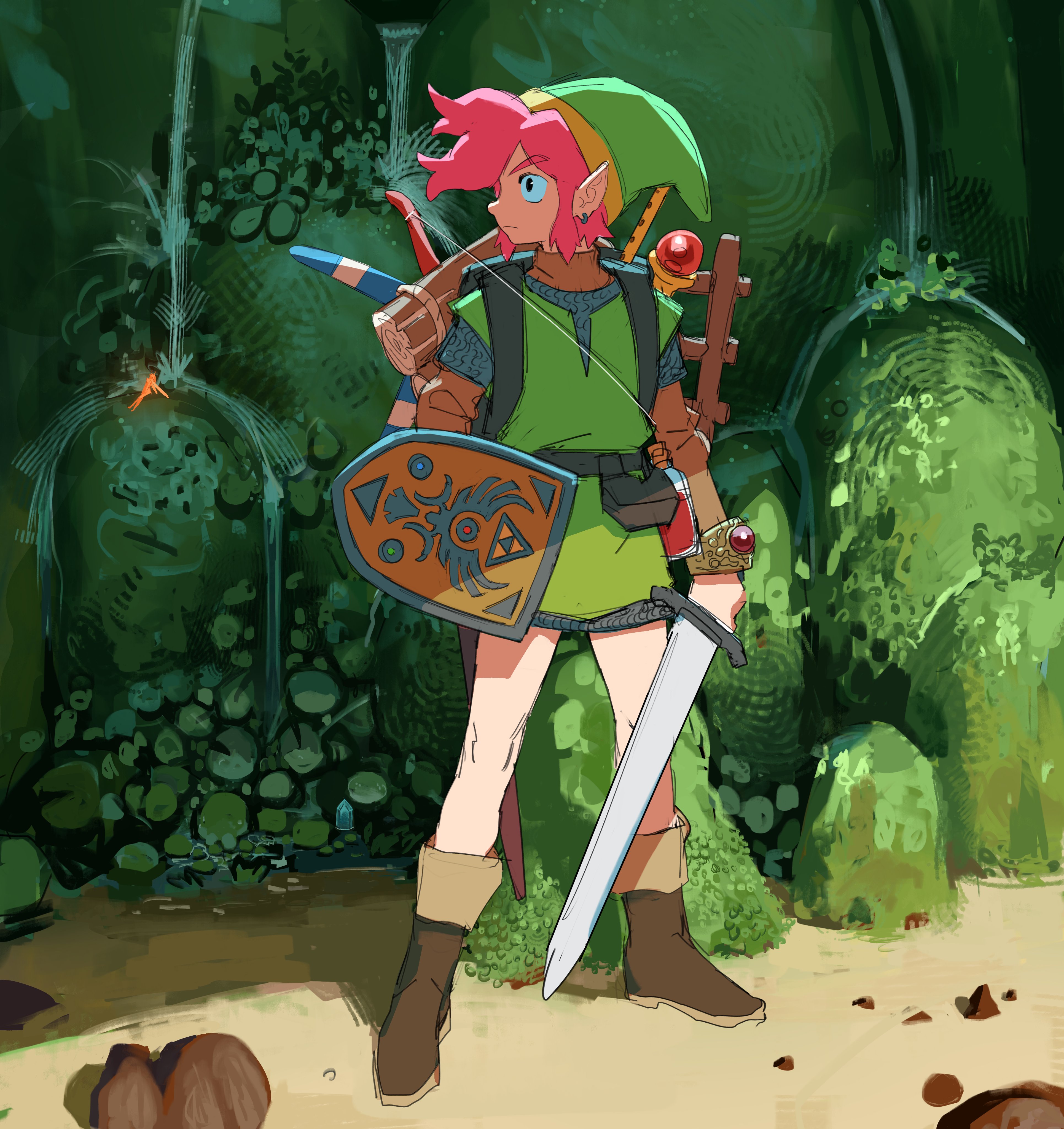 vile domple, link, nintendo, the legend of zelda, the legend of zelda (nes), absurdres, commentary, highres, 1boy, boomerang, boots, bow (weapon), bracelet, brown boots, closed mouth, earrings, fairy, full body, green hat, green tunic, hat, holding, holding shield, holding sword, holding weapon, jewelry, ladder, layered sleeves, long sleeves, looking to the side, male focus, pink hair, pointy ears, potion, shield, short over long sleeves, short sleeves, solo, standing, sword, tunic, weapon