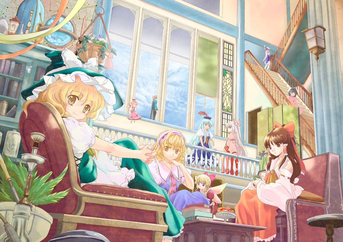 nanami sano, alice margatroid, fujiwara no mokou, hakurei reimu, hourai doll, inaba tewi, kamishirasawa keine, kirisame marisa, morichika rinnosuke, mystia lorelei, reisen udongein inaba, shanghai doll, touhou, silver hair, bad id, bad pixiv id, 1boy, 6+girls, animal ears, aqua dress, arm support, armchair, ascot, blonde hair, blue dress, blue hair, book, book stack, bow, brown eyes, brown hair, cabinet, candle, candlestand, chair, cup, detached sleeves, dress, dutch angle, everyone, fairy, flower, food, from below, fruit, globe, hair bow, hair tubes, hairband, hat, hat bow, head rest, holding, holding cup, hugging own legs, indoors, interlocked fingers, jewelry, light smile, lolita hairband, long sleeves, looking at viewer, looking back, multiple girls, necklace, nontraditional miko, own hands clasped, own hands together, pants, pink dress, plant, potted plant, puffy short sleeves, puffy sleeves, rabbit ears, railing, red dress, ribbon-trimmed sleeves, ribbon trim, short sleeves, sitting, sky, stained glass, stairs, standing, table, vase, wing collar, wings, witch hat, yellow eyes, yunomi