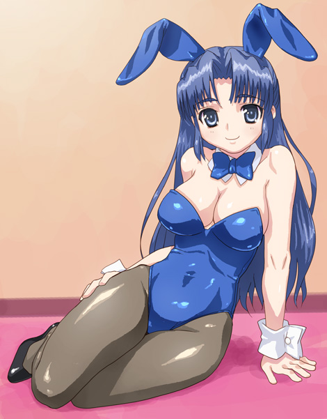 hirose (mokiki), asakura ryoko, suzumiya haruhi no yuuutsu, 00s, 1girl, animal ears, arm support, blue bow, blue bowtie, blue eyes, blue hair, bow, bowtie, breasts, brown pantyhose, cleavage, detached collar, fake animal ears, female focus, half updo, long hair, matching hair/eyes, pantyhose, playboy bunny, rabbit ears, sitting, smile, solo