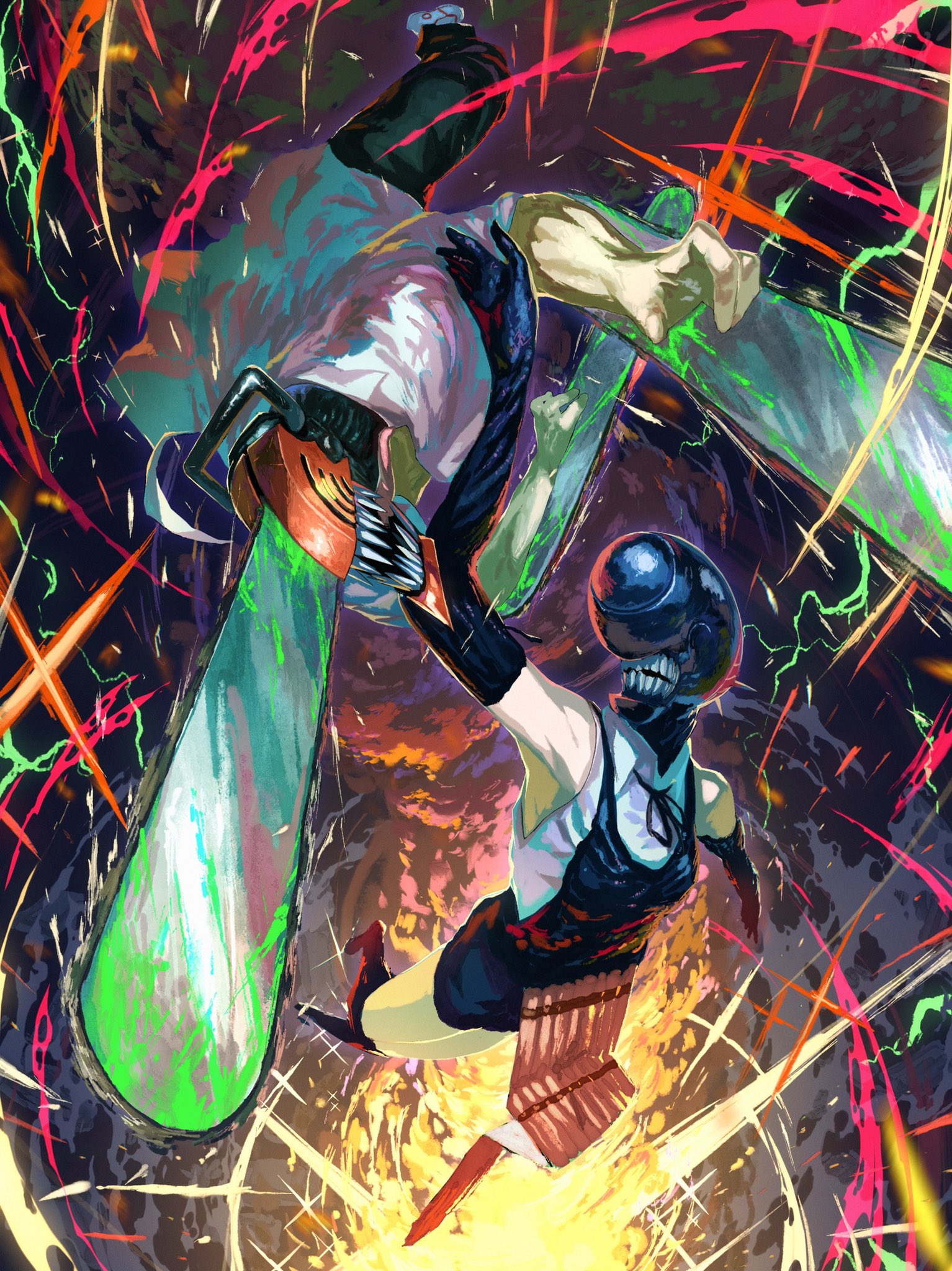 kota 2kx, bomb devil (chainsaw man), denji (chainsaw man), chainsaw man, highres, 1boy, 1girl, alternate form, apron, battle, black apron, black gloves, black shorts, chainsaw, collared shirt, dynamite, elbow gloves, explosive, gloves, sharp teeth, shirt, shorts, sleeveless, sleeveless shirt, teeth