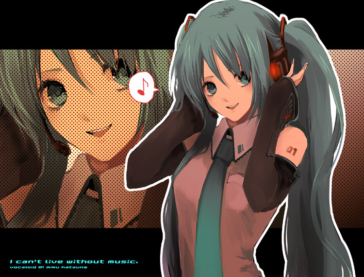 uno (artist), uno (colorbox), hatsune miku, vocaloid, 1girl, :d, aqua hair, character name, collared shirt, copyright name, detached sleeves, english text, female focus, glowing, grey shirt, hair between eyes, hair ornament, hands on headphones, hands up, headphones, letterboxed, long hair, looking at viewer, musical note, necktie, open mouth, quaver, shirt, smile, solo, speech bubble, spoken musical note, tattoo, twintails, zoom layer