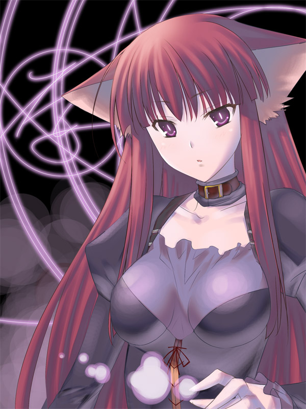 47agdragon, original, 1girl, animal ears, bodysuit, breasts, buckle, cat ears, choker, cleavage, collarbone, female focus, large breasts, red eyes, red hair, sidelocks, skin tight, solo