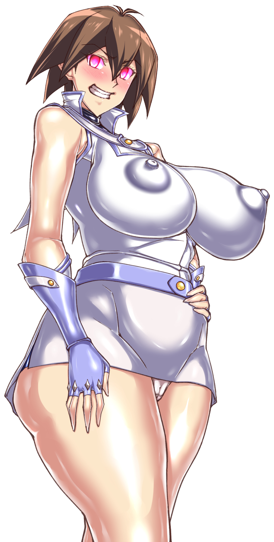hajime shindo, hamaguchi momoe, yu-gi-oh!, yu-gi-oh! gx, yuu-gi-ou, yuu-gi-ou gx, highres, 1girl, alternate breast size (larger), alternate color, ass, bare arms, bare legs, bare shoulders, blush, breasts, brown hair, cameltoe, corruption, curvy, duel academy uniform (yu-gi-oh! gx), female focus, fingerless gloves, fingernails, gloves, glowing, glowing eyes, grin, hand on own hip, huge ass, large breasts, looking at viewer, mind control, miniskirt, nipples, partially visible vulva, shiny skin, short hair, skirt, smile, society of light, solo, standing, sweat, thighhighs, underwear, yellow eyes