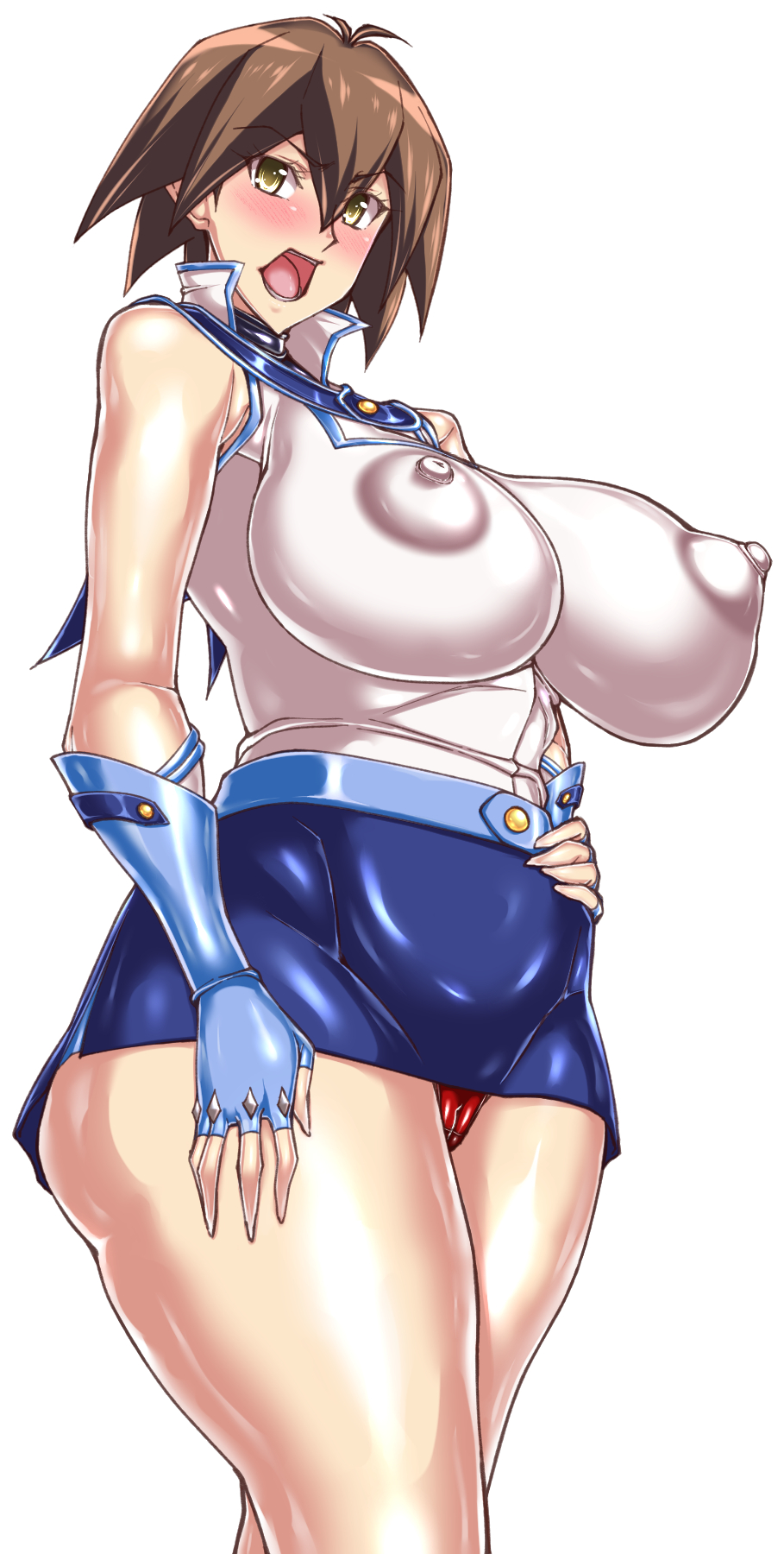 hajime shindo, hamaguchi momoe, yu-gi-oh!, yu-gi-oh! gx, yuu-gi-ou, yuu-gi-ou gx, highres, 1girl, alternate breast size (larger), ass, bare arms, bare legs, bare shoulders, blush, breasts, brown hair, cameltoe, curvy, duel academy uniform (yu-gi-oh! gx), embarrassed, female focus, fingerless gloves, fingernails, gloves, hand on own hip, huge ass, large breasts, looking at viewer, miniskirt, nipples, obelisk blue uniform, open mouth, partially visible vulva, shiny skin, short hair, skirt, solo, standing, sweat, thighhighs, underwear, yellow eyes