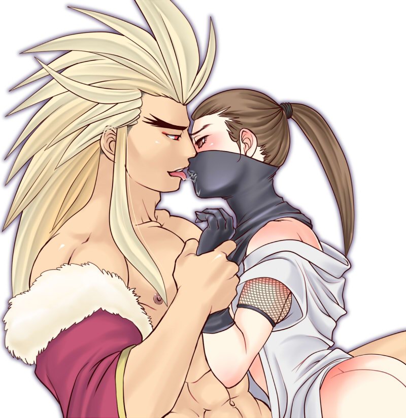 hattori hanko, hattori hanzo, maeda keiji, maeda keiji (sengoku musou), sengoku musou, 1boy, 1girl, abs, androgynous, ass, black gloves, blonde hair, blush, bottomless, brown eyes, brown hair, eye contact, eyeshadow, fishnets, genderswap, genderswap (mtf), gloves, hetero, holding another's wrist, kiss, long hair, looking at another, makeup, mask, muscular, ninja, open clothes, ponytail, red eyes, saliva, simple background, tongue, tongue out, trap, white background