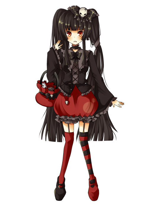 umi (umi02), houraisan kaguya, touhou, 1girl, asymmetrical legwear, female focus, full body, gothic lolita, lolita fashion, mismatched legwear, simple background, skull, solo, standing, striped clothes, striped thighhighs, thighhighs, twintails, white background