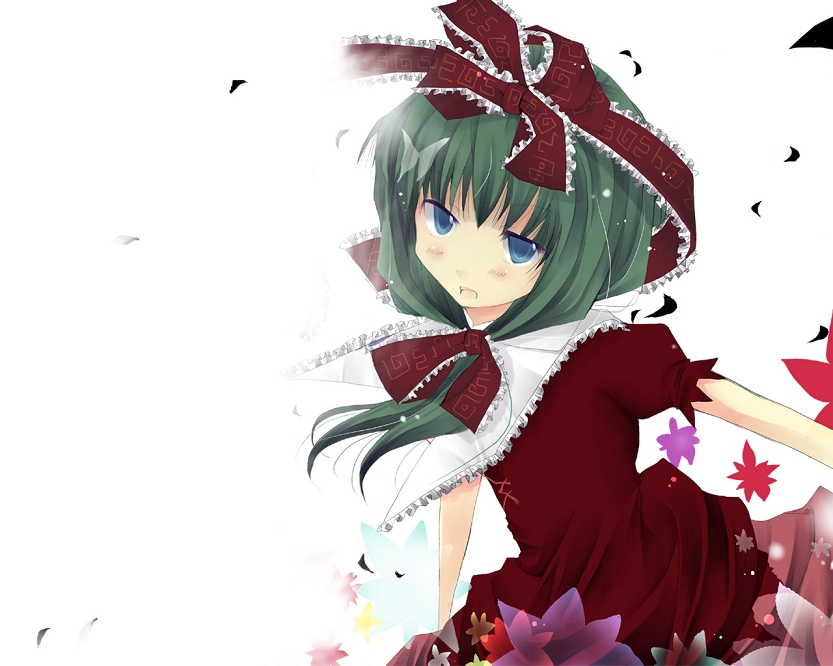 kagiyama hina, touhou, 1girl, autumn leaves, capelet, dress, expressionless, female focus, front ponytail, green eyes, green hair, leaf, matching hair/eyes, puffy short sleeves, puffy sleeves, red dress, short hair, short sleeves, solo, upper body