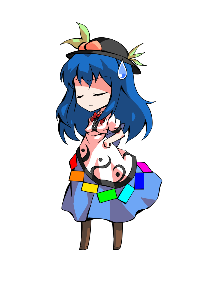 dairi, hinanawi tenshi, touhou, commentary request, large variant set, variant set, 1girl, bare arms, black hat, blue hair, boots, brown boots, chibi, chibi only, flat chest, food, fruit, full body, hair between eyes, hand on own hip, hat, long hair, neck ribbon, peach, puffy short sleeves, puffy sleeves, red ribbon, ribbon, shirt, short sleeves, solo, standing, tachi-e, transparent background, white shirt