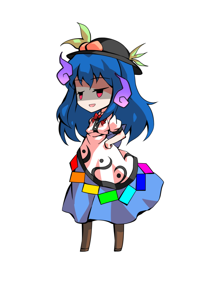 dairi, hinanawi tenshi, touhou, commentary request, large variant set, variant set, 1girl, bare arms, black hat, blue hair, boots, brown boots, chibi, chibi only, flat chest, food, fruit, full body, hair between eyes, hand on own hip, hat, long hair, neck ribbon, peach, puffy short sleeves, puffy sleeves, red ribbon, ribbon, shirt, short sleeves, solo, standing, tachi-e, transparent background, white shirt
