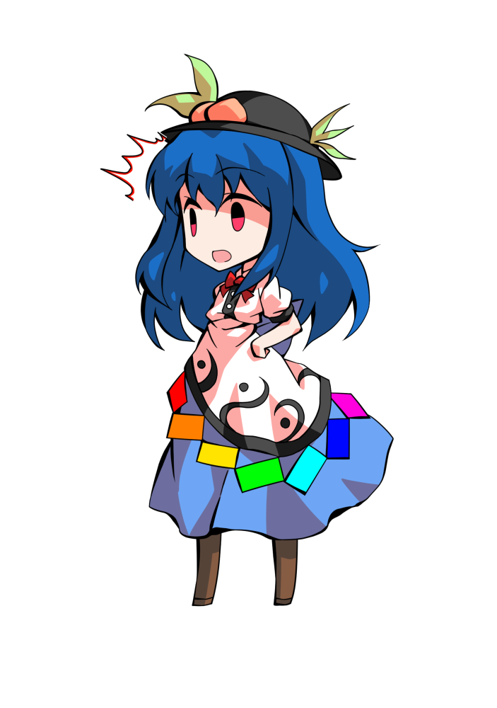 dairi, hinanawi tenshi, touhou, commentary request, large variant set, variant set, 1girl, bare arms, black hat, blue hair, boots, brown boots, chibi, chibi only, flat chest, food, fruit, full body, hair between eyes, hand on own hip, hat, long hair, neck ribbon, peach, puffy short sleeves, puffy sleeves, red ribbon, ribbon, shirt, short sleeves, solo, standing, tachi-e, transparent background, white shirt