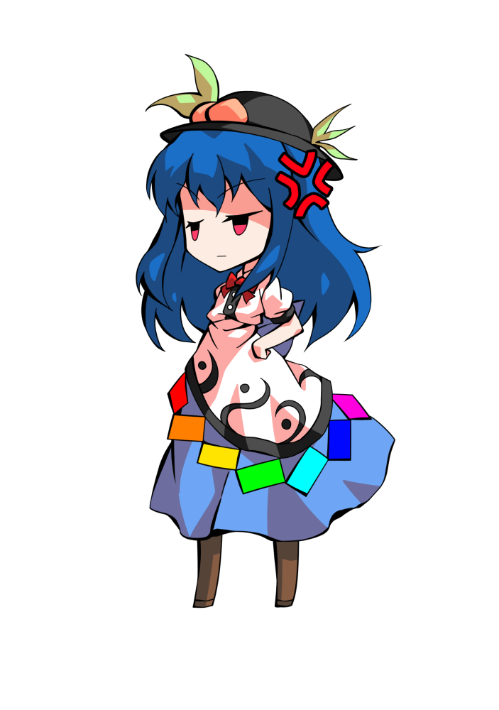 dairi, hinanawi tenshi, touhou, commentary request, large variant set, variant set, 1girl, bare arms, black hat, blue hair, boots, brown boots, chibi, chibi only, flat chest, food, fruit, full body, hair between eyes, hand on own hip, hat, long hair, neck ribbon, peach, puffy short sleeves, puffy sleeves, red ribbon, ribbon, shirt, short sleeves, solo, standing, tachi-e, transparent background, white shirt
